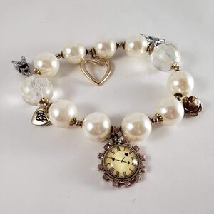 Betsey Johnson Pearl Bracelet with Lucite Clock